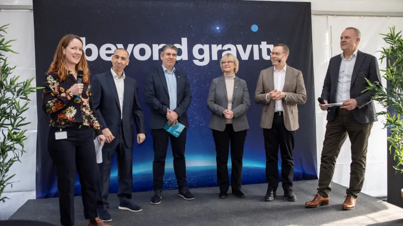 Beyond Gravity, a leading space supplier, celebrated the groundbreaking for its new production facility in Linköping. Pictured (from left to right): Ann-Louise Eriksson (Beyond Gravity), Luis de León Chardel (EVP Beyond Gravity), Niklas Borg (Chair of Linköping City Executive Board), Anna Rathsman (Director General of the Swedish Space Agency), Magnus Engström (Beyond Gravity) and Anders Larson (Managing Director Sweden of Beyond Gravity).  © Beyond Gravity, Patrik Ekenblom.