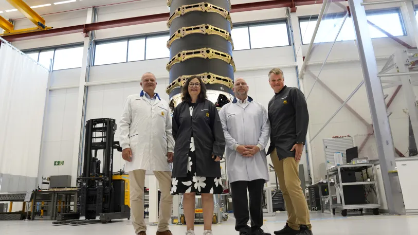 The Swedish space minister Anna Ekström visited Beyond Gravity in Linköping. She was accompanied by Anders Larson (Managing Director Beyond Gravity in Sweden), Per Lovatt (Senior Manager Operations at Beyond Gravity in Linköping) and the parlamentarian Johan Löfstrand.