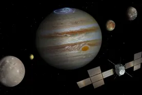 Jupiter and its moons (c) spacecraft: ESA/ATG medialab; Jupiter: NASA/ESA/J. Nichols (University of Leicester); Ganymede: NASA/JPL; Io: NASA/JPL/University of Arizona; Callisto and Europa: NASA/JPL/DLR