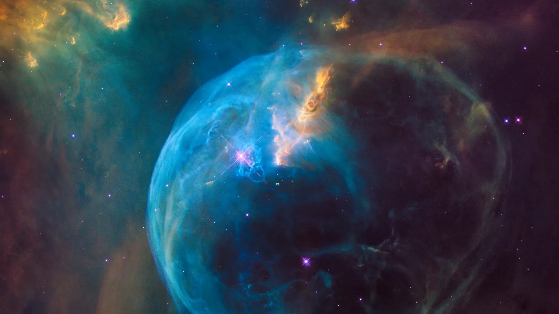 The Bubble Nebula is 7 light-years across – about one-and-a-half times the distance from our sun to its nearest stellar neighbor, Alpha Centauri – and resides 7,100 light-years from Earth in the constellation Cassiopeia.