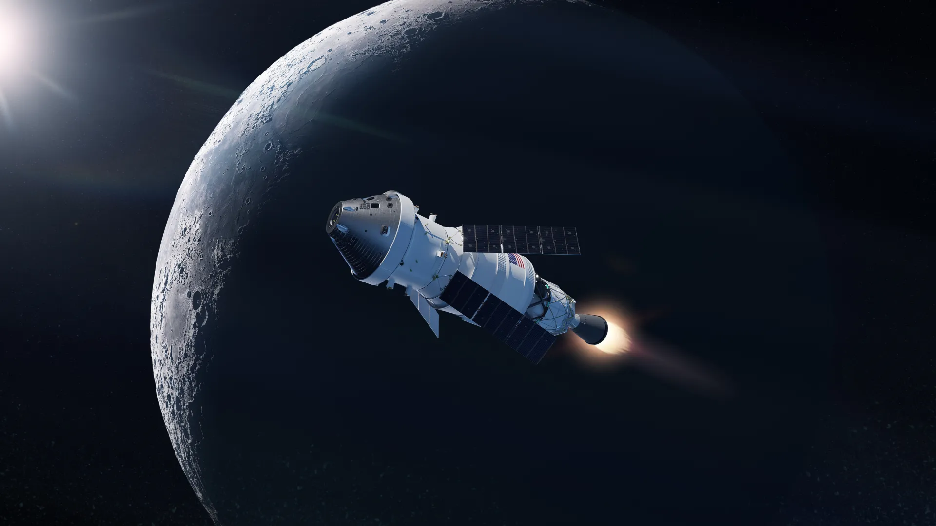 Orion spacecraft flies in outer space on orbit of Moon. Expedition to Moon. Elements of this image furnished by NASA.