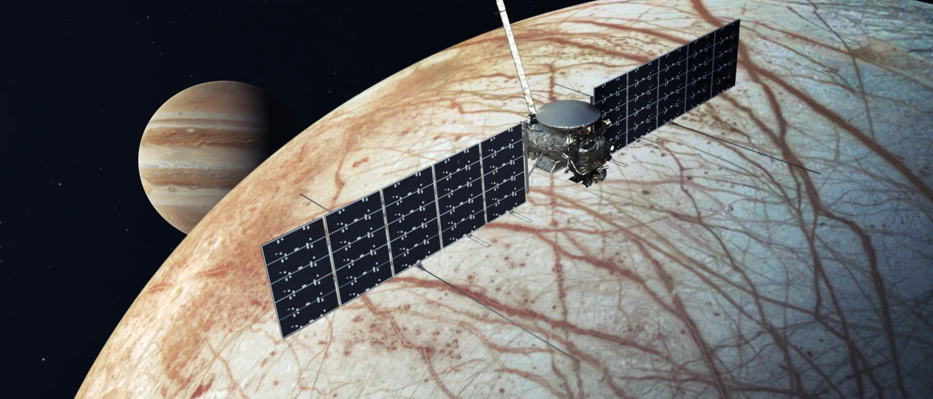 The Europa Clipper spacecraft will conduct a detailed survey of Jupiter’s moon Europa to determine whether the icy moon could harbor conditions suitable for life. The spacecraft is scheduled to launch in 2024. Copyright: NASA/JPL-Caltech.