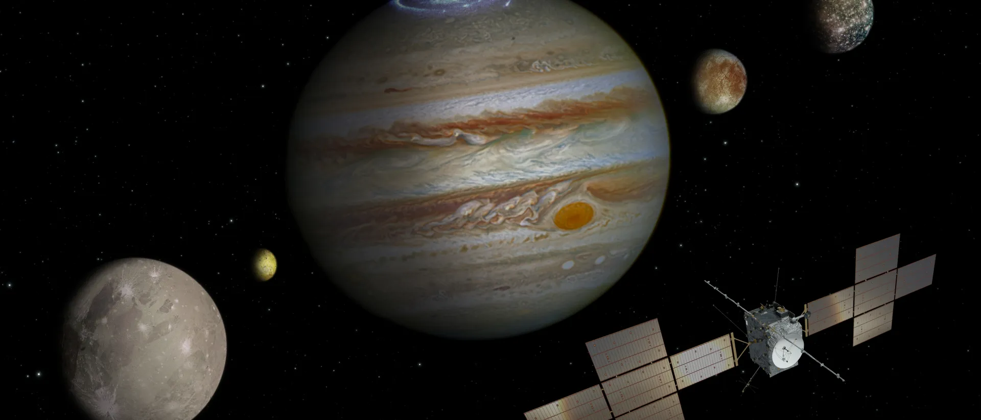 Jupiter and its moons (c) spacecraft: ESA/ATG medialab; Jupiter: NASA/ESA/J. Nichols (University of Leicester); Ganymede: NASA/JPL; Io: NASA/JPL/University of Arizona; Callisto and Europa: NASA/JPL/DLR