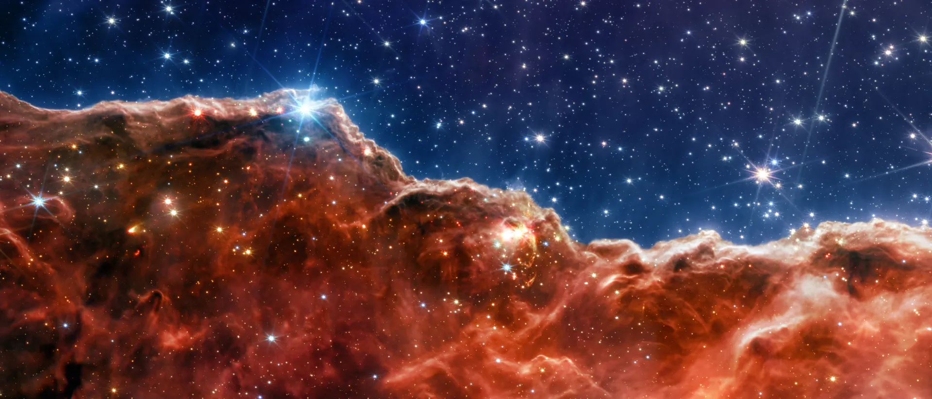 Carina Nebula. Star-forming region in the deep space. Gas accumulations in outer space. James webb telescope research of galaxies. Space landscape. JWST. Elements of this image furnished by NASA