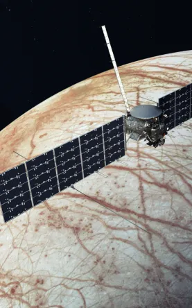 The Europa Clipper spacecraft will conduct a detailed survey of Jupiter’s moon Europa to determine whether the icy moon could harbor conditions suitable for life. The spacecraft is scheduled to launch in 2024. Copyright: NASA/JPL-Caltech.
