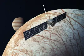 The Europa Clipper spacecraft will conduct a detailed survey of Jupiter’s moon Europa to determine whether the icy moon could harbor conditions suitable for life. The spacecraft is scheduled to launch in 2024. Copyright: NASA/JPL-Caltech.